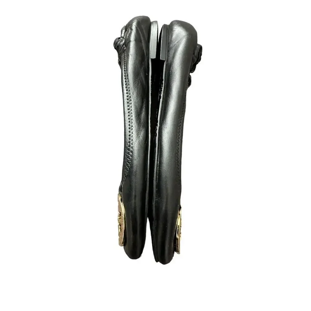 Tory Burch Reva Black Leather Gold Logo Medallion Ballet Flats Size 7 - Picture 9 of 12